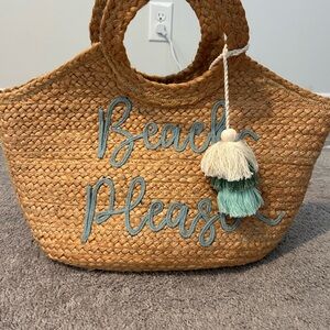 Straw Beach Tote with Blue Embroidery “Beach Please”